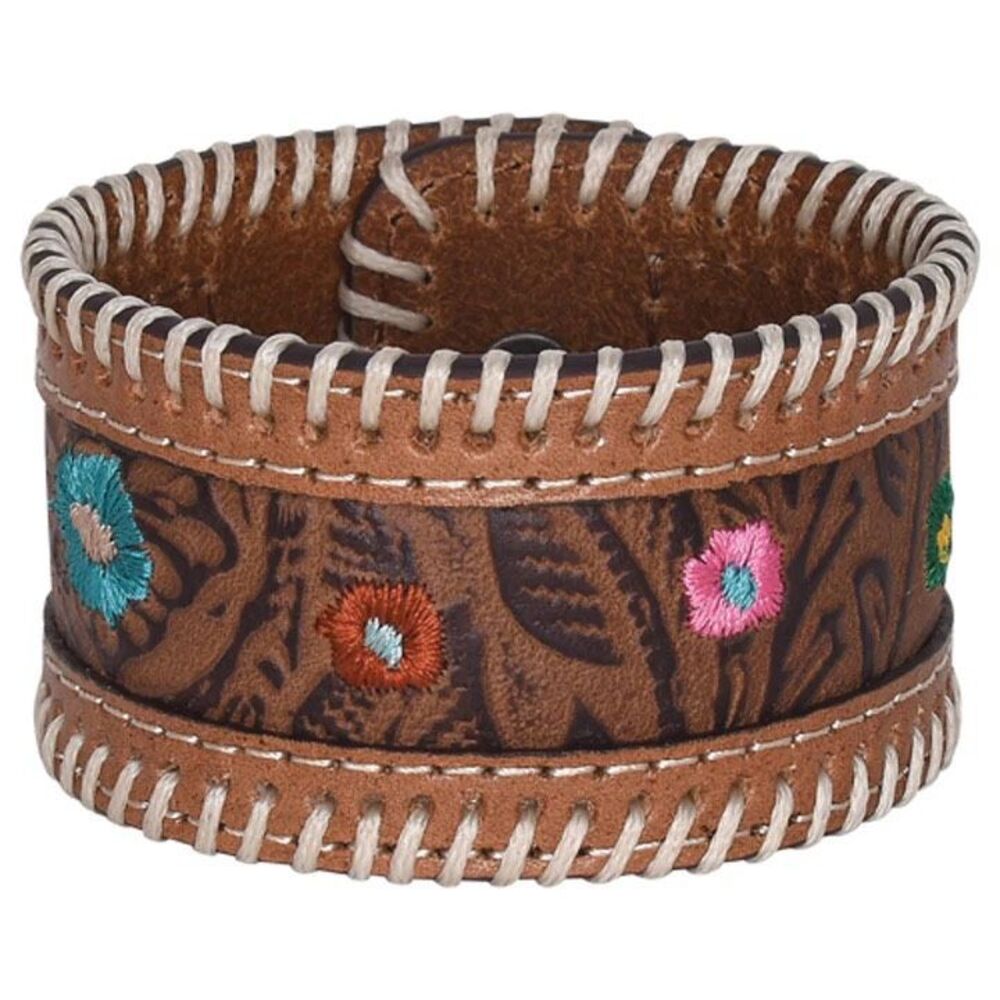 Justin Tooled Leather Cuff Bracelet Brown Embroidered Floral NEW